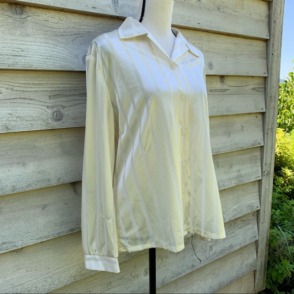 Vintage 90s Ivory White Striped Long Sleeve Collared Button Down Semi Sheer Top - Picture 2 of 16